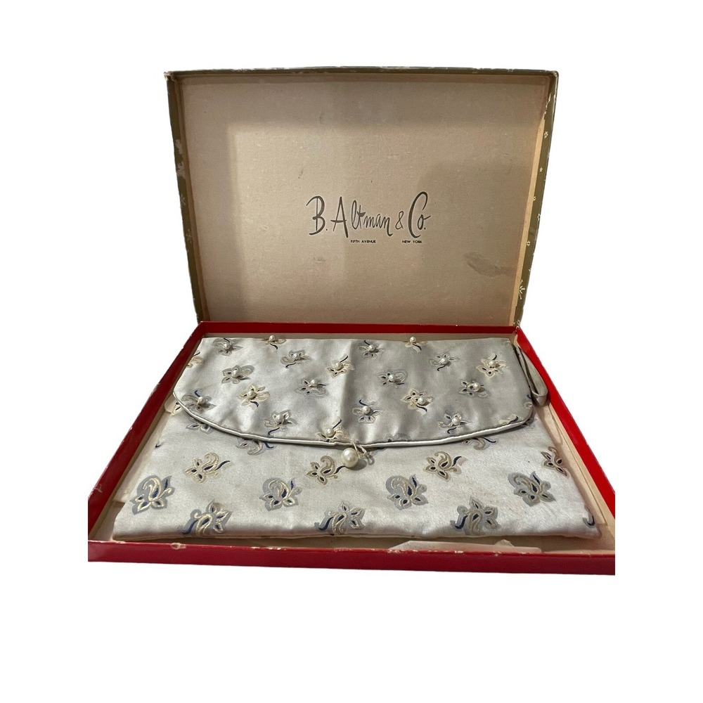 NOS Beaded Clutch Purse Hand Bag In Original‎ Gift Box Faux Pearl Floral READ